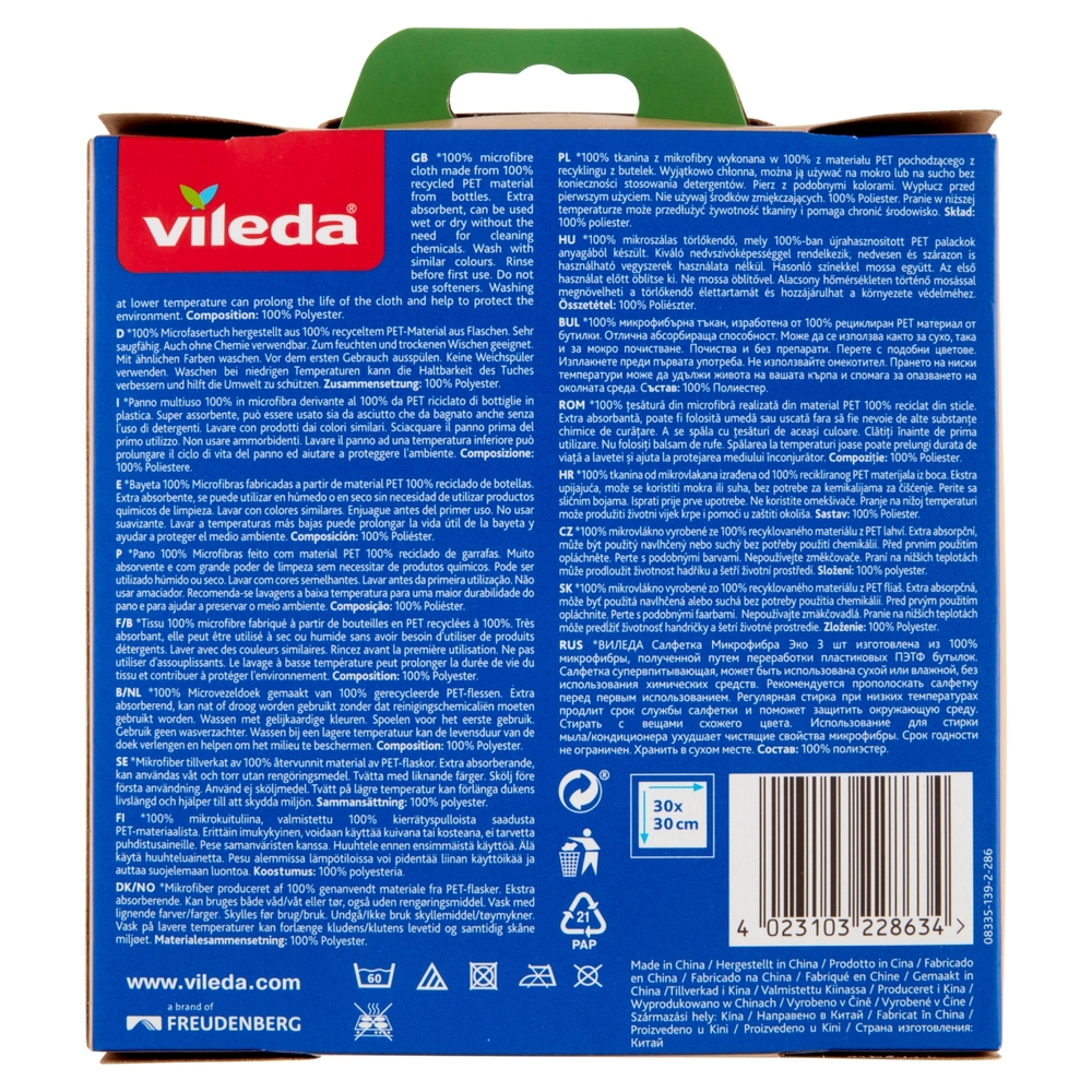 Vileda Microfibra 100% Riciclato, panno ideale per pulire efficacemente tutte le superfici. 3x